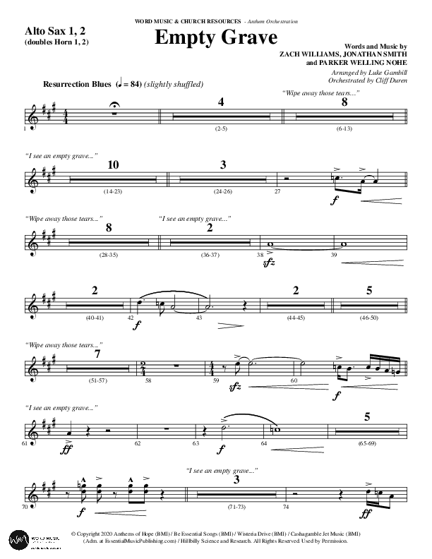 Empty Grave (Choral Anthem SATB) Alto Sax 1/2 (Word Music Choral / Arr. Luke Gambill / Arr. Cliff Duren)