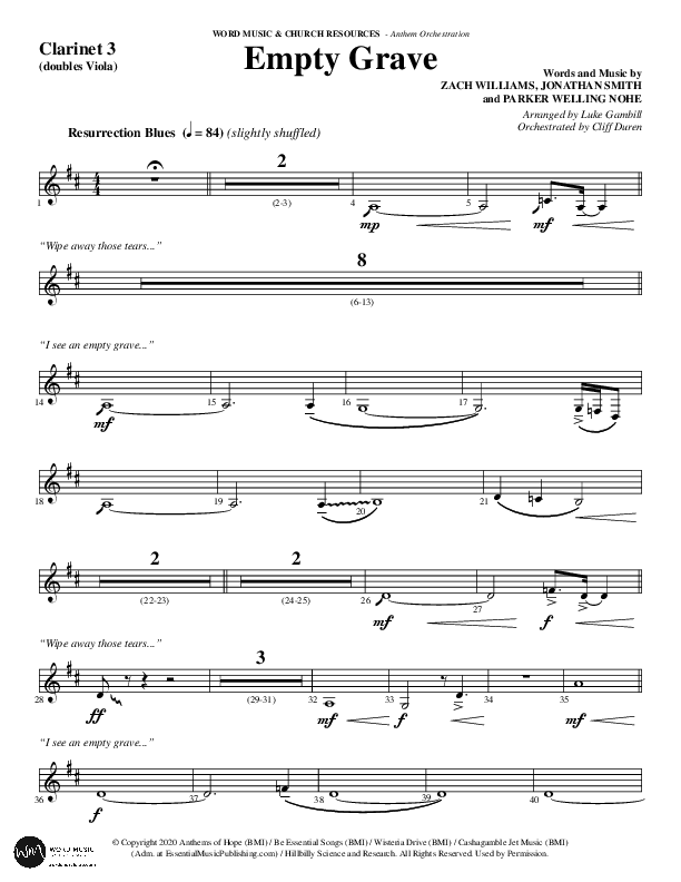 Empty Grave (Choral Anthem SATB) Clarinet 3 (Word Music Choral / Arr. Luke Gambill / Arr. Cliff Duren)