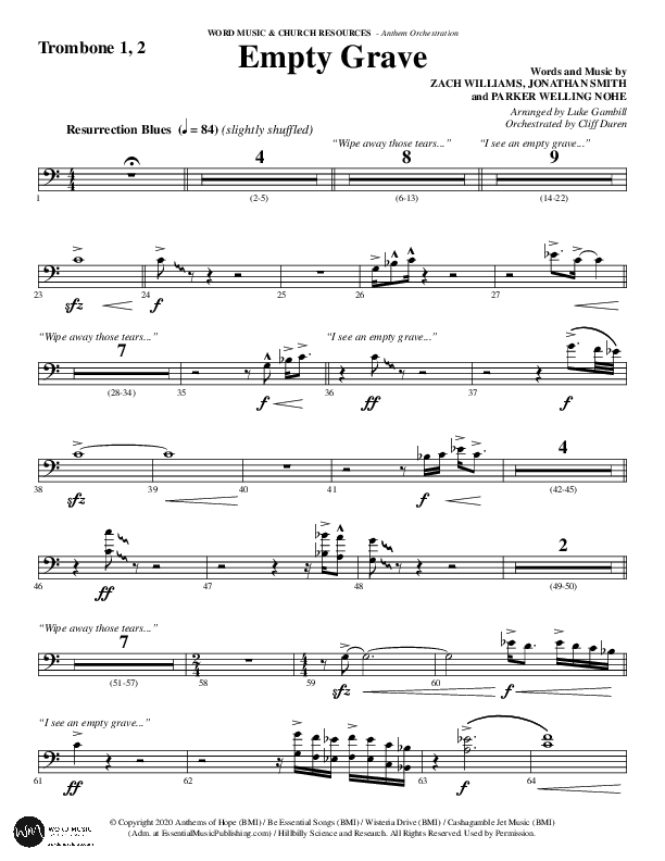 Empty Grave (Choral Anthem SATB) Trombone 1/2 (Word Music Choral / Arr. Luke Gambill / Arr. Cliff Duren)