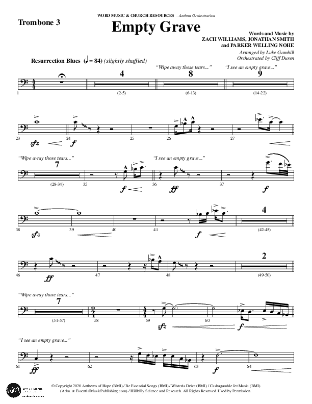 Empty Grave (Choral Anthem SATB) Trombone 3 (Word Music Choral / Arr. Luke Gambill / Arr. Cliff Duren)