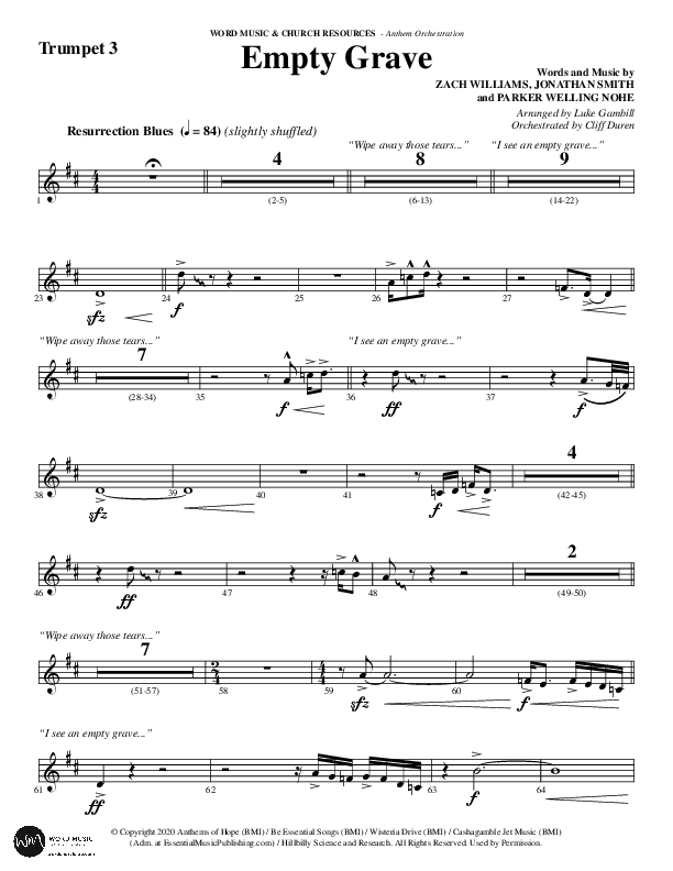 Empty Grave (Choral Anthem SATB) Trumpet 3 (Word Music Choral / Arr. Luke Gambill / Arr. Cliff Duren)