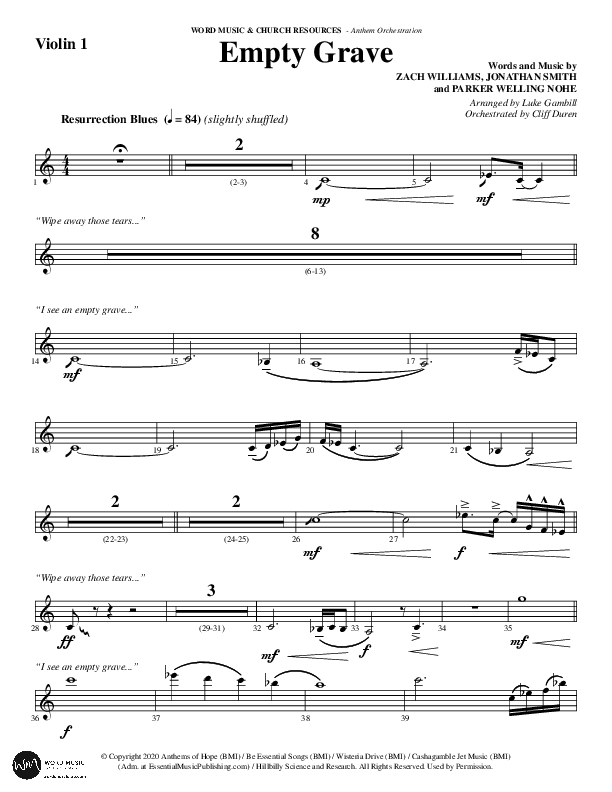 Empty Grave (Choral Anthem SATB) Violin 1 (Word Music Choral / Arr. Luke Gambill / Arr. Cliff Duren)