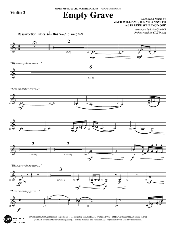Empty Grave (Choral Anthem SATB) Violin 2 (Word Music Choral / Arr. Luke Gambill / Arr. Cliff Duren)