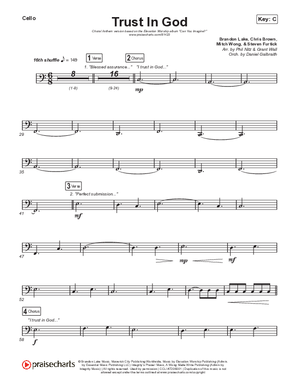 Trust In God (Choral Anthem SATB) Cello (Elevation Worship / Chris Brown / Arr. Phil Nitz)