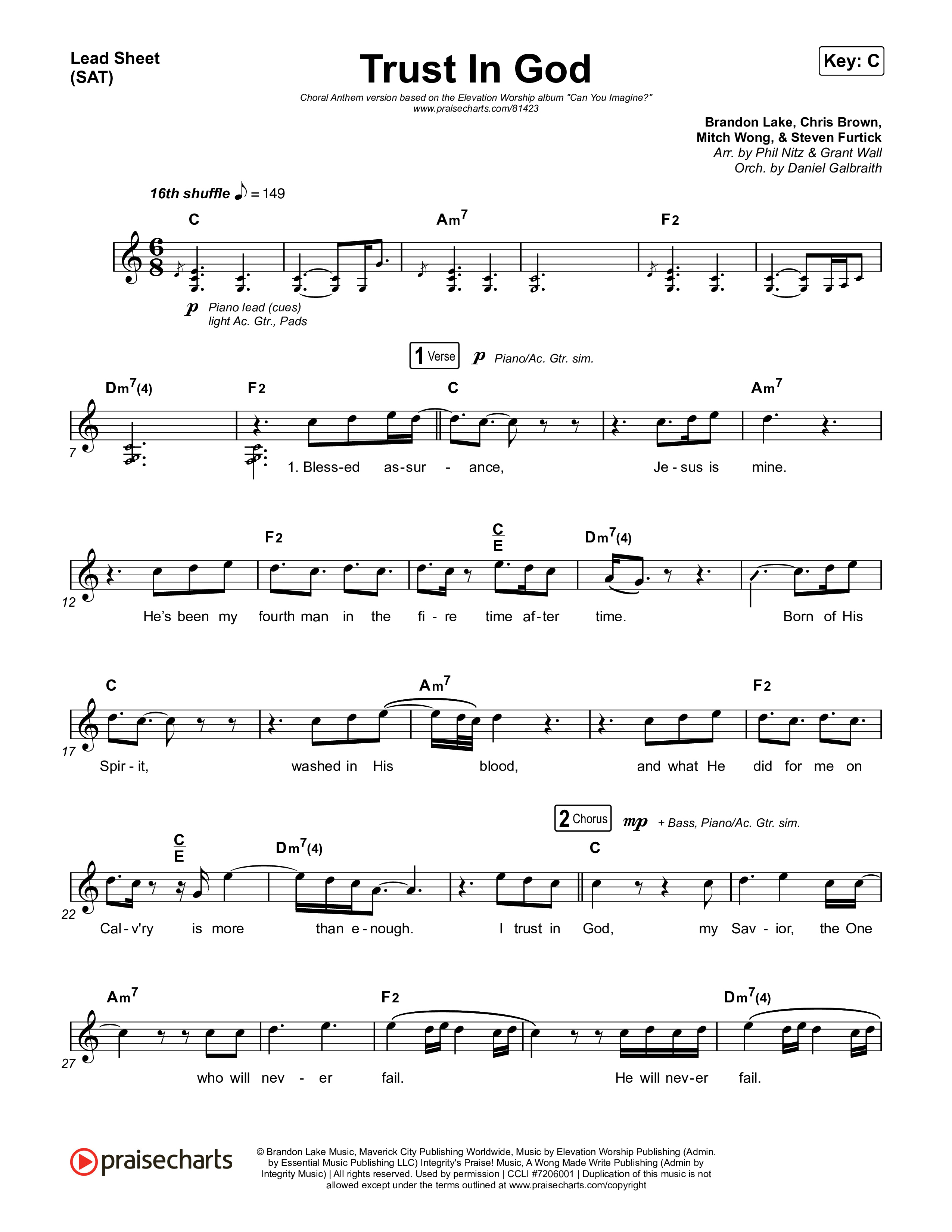 Trust In God (Choral Anthem SATB) Lead Sheet (SAT) (Elevation Worship / Chris Brown / Arr. Phil Nitz)