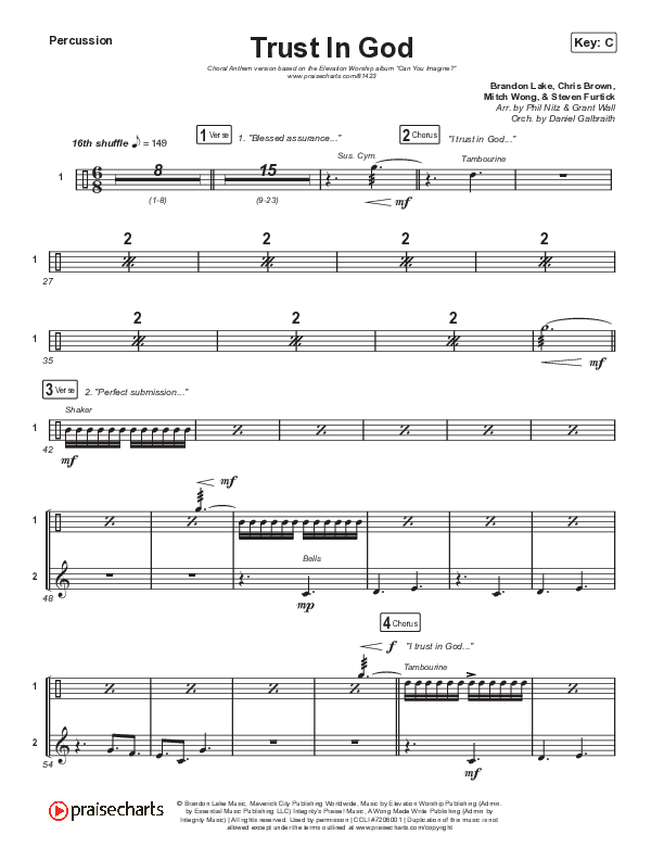 Trust In God (Choral Anthem SATB) Percussion (Elevation Worship / Chris Brown / Arr. Phil Nitz)