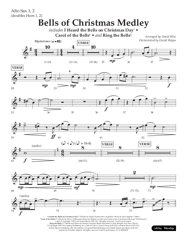 Bells Of Christmas Medley (Choral Anthem SATB) Alto Sax 1/2 (Lifeway Choral / Arr. David Wise)