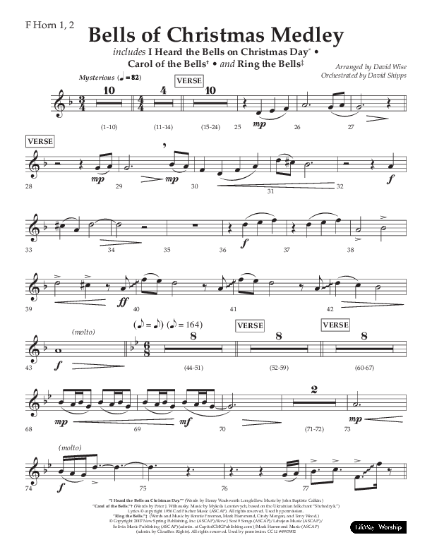 Bells Of Christmas Medley (Choral Anthem SATB) French Horn 1/2 (Lifeway Choral / Arr. David Wise)