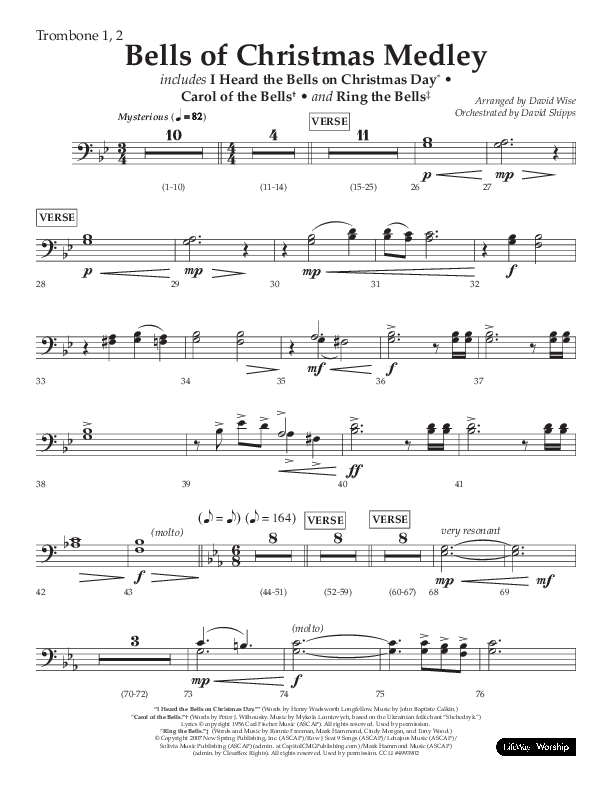 Bells Of Christmas Medley (Choral Anthem SATB) Trombone 1/2 (Lifeway Choral / Arr. David Wise)