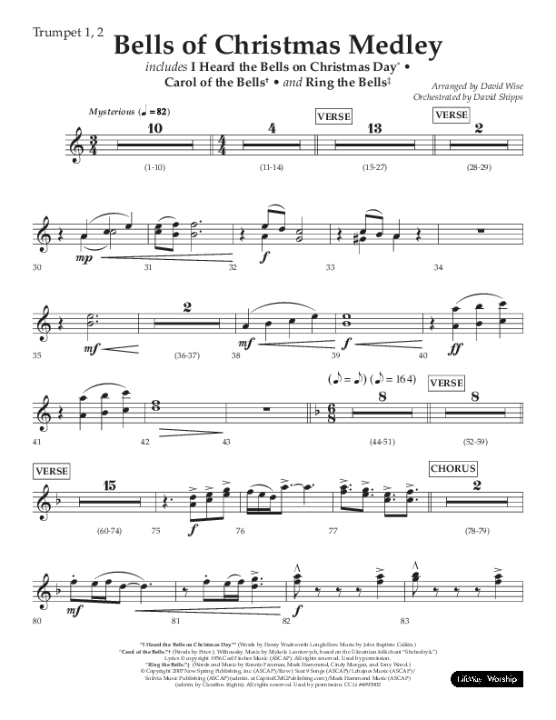 Bells Of Christmas Medley (Choral Anthem SATB) Trumpet 1,2 (Lifeway Choral / Arr. David Wise)