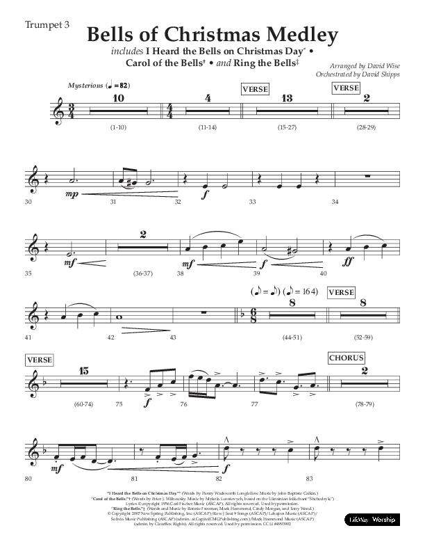 Bells Of Christmas Medley (Choral Anthem SATB) Trumpet 3 (Lifeway Choral / Arr. David Wise)