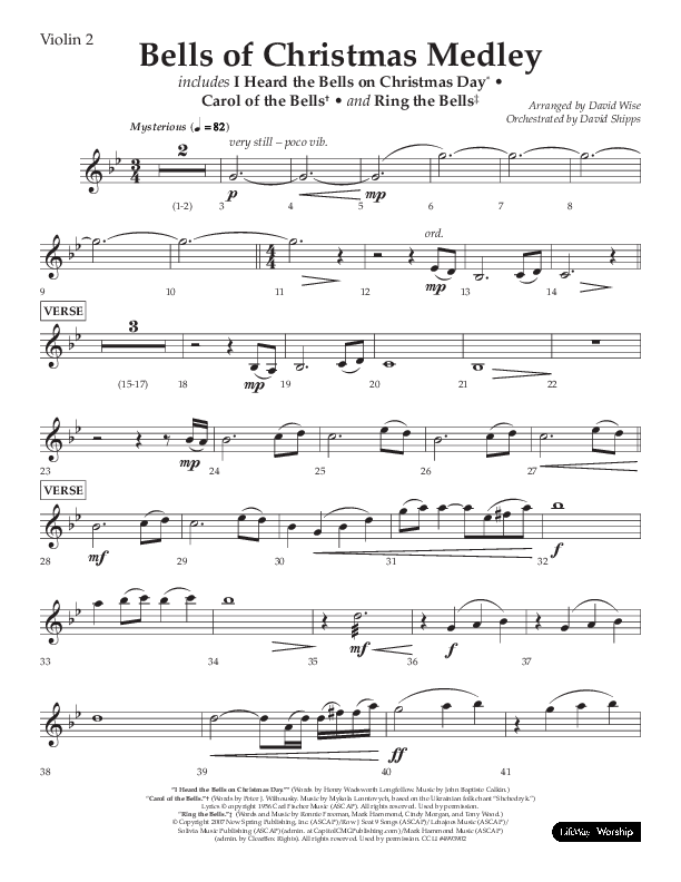 Bells Of Christmas Medley (Choral Anthem SATB) Violin 2 (Lifeway Choral / Arr. David Wise)