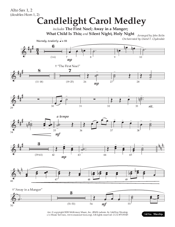 Candlelight Carol Medley (Choral Anthem SATB) Alto Sax 1/2 (Lifeway Choral / Arr. John Bolin)