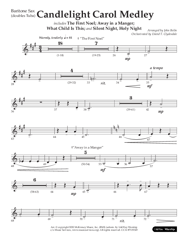 Candlelight Carol Medley (Choral Anthem SATB) Bari Sax (Lifeway Choral / Arr. John Bolin)