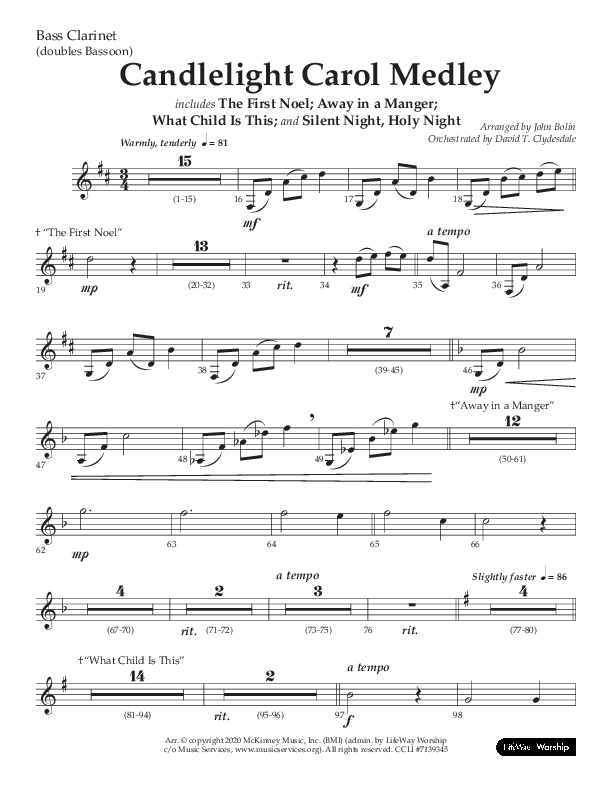 Candlelight Carol Medley (Choral Anthem SATB) Bass Clarinet (Lifeway Choral / Arr. John Bolin)
