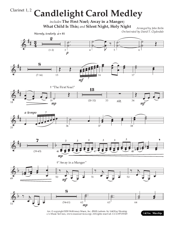 Candlelight Carol Medley (Choral Anthem SATB) Clarinet 1/2 (Lifeway Choral / Arr. John Bolin)
