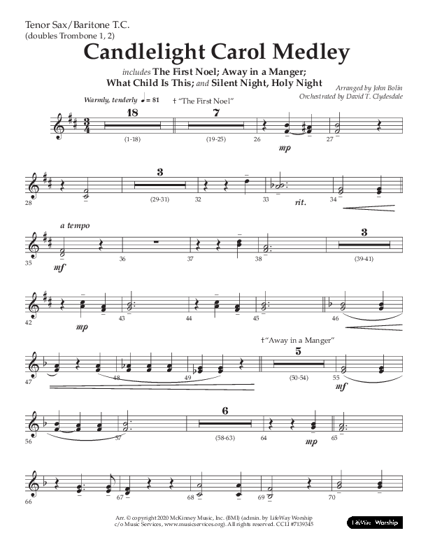 Candlelight Carol Medley (Choral Anthem SATB) Tenor Sax/Baritone T.C. (Lifeway Choral / Arr. John Bolin)