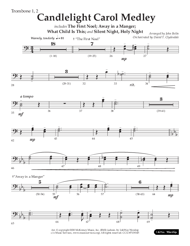 Candlelight Carol Medley (Choral Anthem SATB) Trombone 1/2 (Lifeway Choral / Arr. John Bolin)
