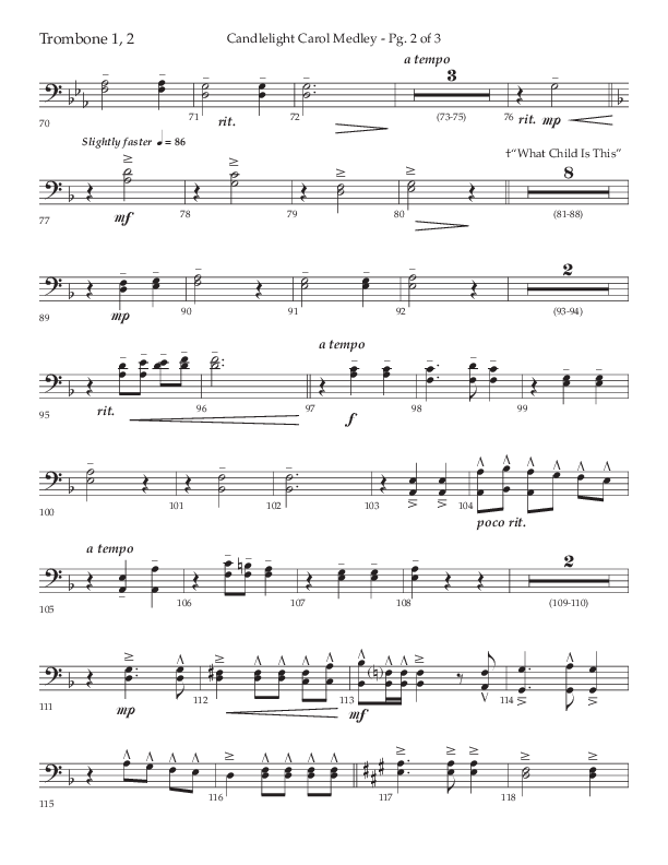 Candlelight Carol Medley (Choral Anthem SATB) Trombone 1/2 (Lifeway Choral / Arr. John Bolin)