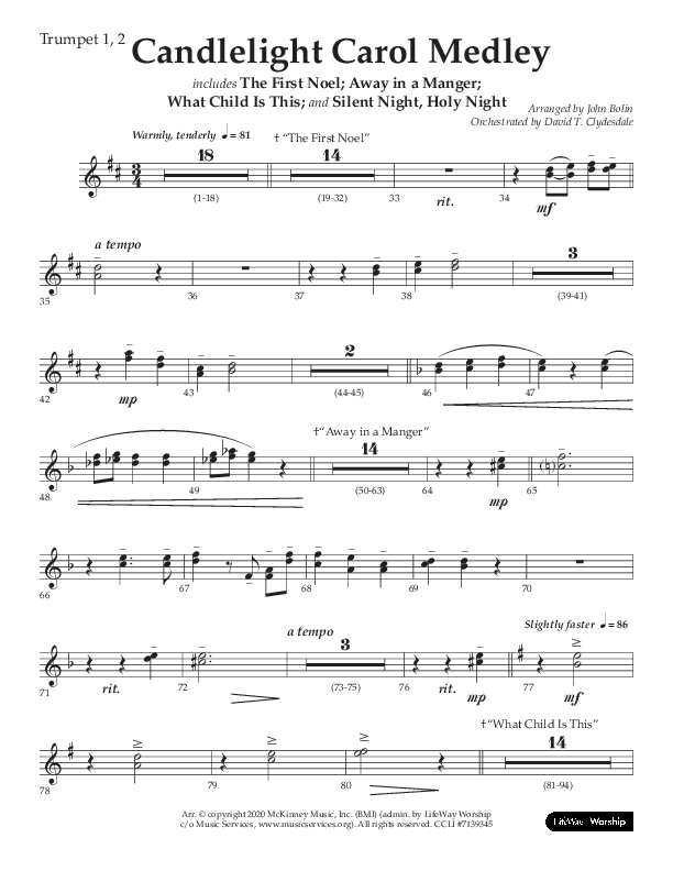 Candlelight Carol Medley (Choral Anthem SATB) Trumpet 1,2 (Lifeway Choral / Arr. John Bolin)