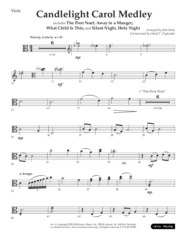 Candlelight Carol Medley (Choral Anthem SATB) Viola (Lifeway Choral / Arr. John Bolin)