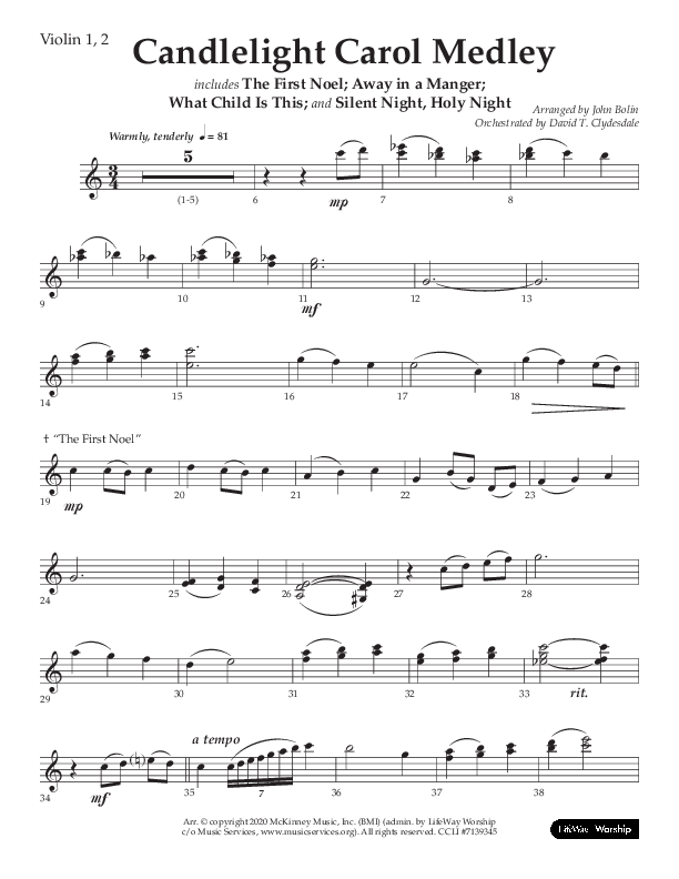 Candlelight Carol Medley (Choral Anthem SATB) Violin 1/2 (Lifeway Choral / Arr. John Bolin)
