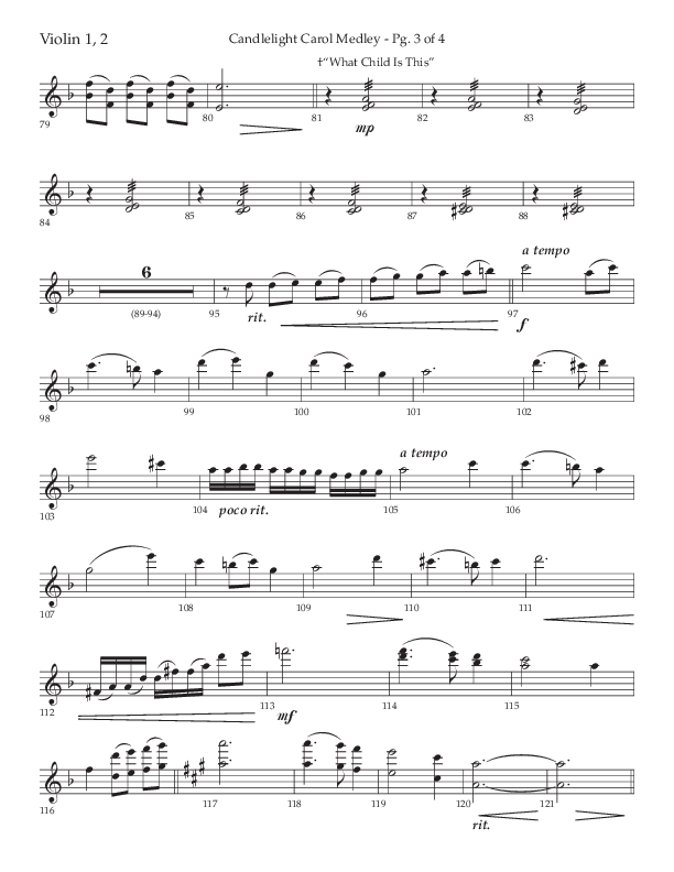 Candlelight Carol Medley (Choral Anthem SATB) Violin 1/2 (Lifeway Choral / Arr. John Bolin)