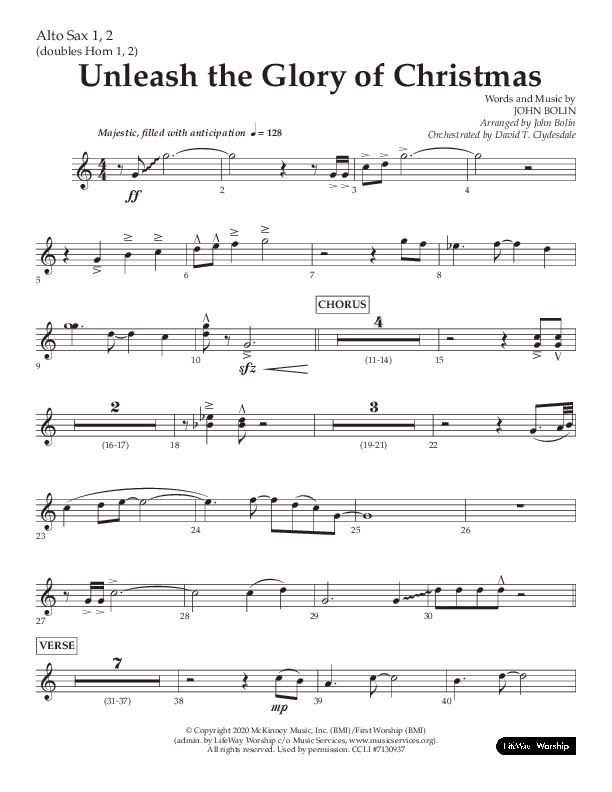 Unleash The Glory Of Christmas (Choral Anthem SATB) Alto Sax 1/2 (Lifeway Choral / Arr. John Bolin)
