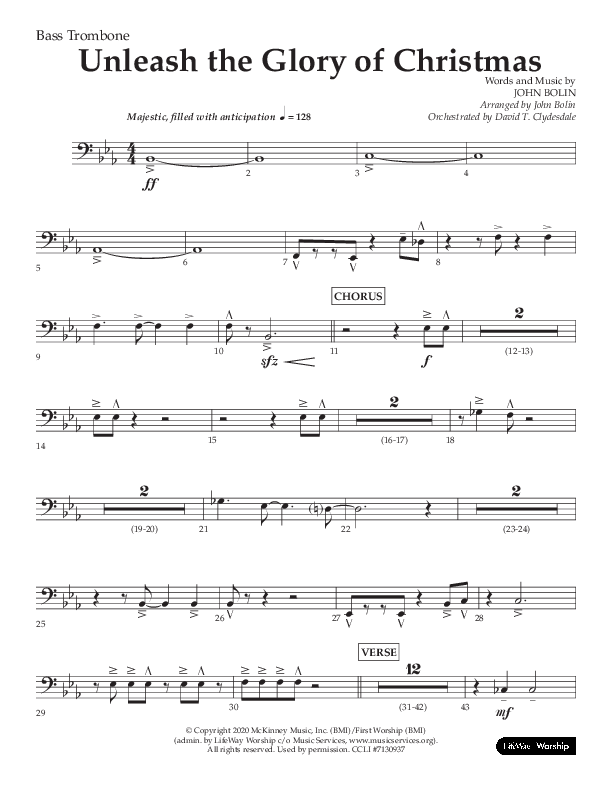 Unleash The Glory Of Christmas (Choral Anthem SATB) Bass Trombone (Lifeway Choral / Arr. John Bolin)