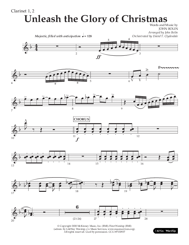 Unleash The Glory Of Christmas (Choral Anthem SATB) Clarinet 1/2 (Lifeway Choral / Arr. John Bolin)