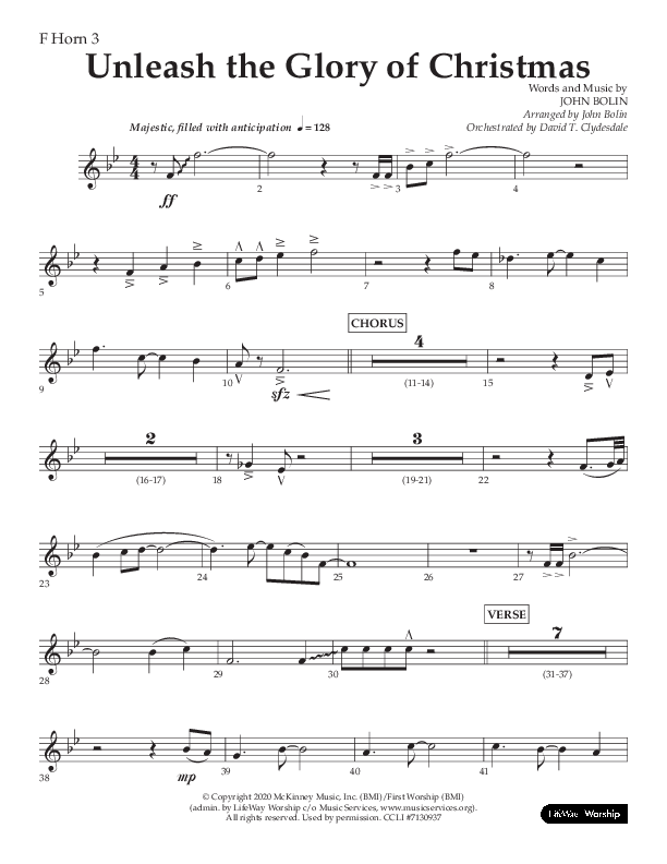 Unleash The Glory Of Christmas (Choral Anthem SATB) French Horn 3 (Lifeway Choral / Arr. John Bolin)