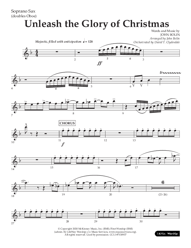 Unleash The Glory Of Christmas (Choral Anthem SATB) Soprano Sax (Lifeway Choral / Arr. John Bolin)