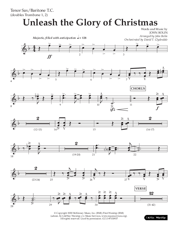 Unleash The Glory Of Christmas (Choral Anthem SATB) Tenor Sax/Baritone T.C. (Lifeway Choral / Arr. John Bolin)