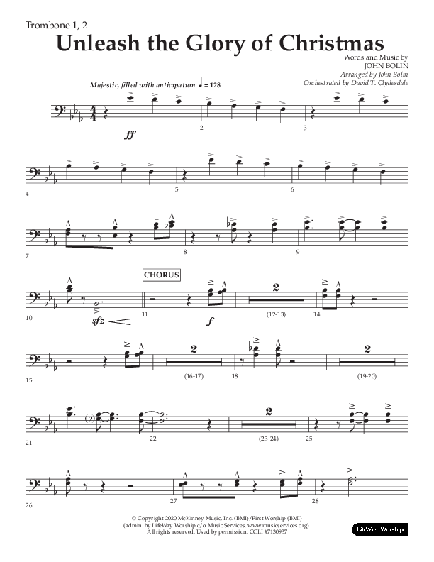 Unleash The Glory Of Christmas (Choral Anthem SATB) Trombone 1/2 (Lifeway Choral / Arr. John Bolin)