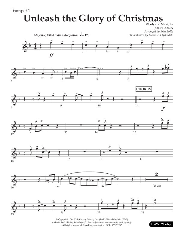 Unleash The Glory Of Christmas (Choral Anthem SATB) Trumpet 1 (Lifeway Choral / Arr. John Bolin)