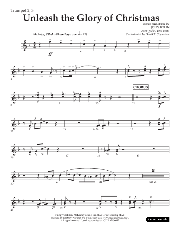 Unleash The Glory Of Christmas (Choral Anthem SATB) Trumpet 2/3 (Lifeway Choral / Arr. John Bolin)