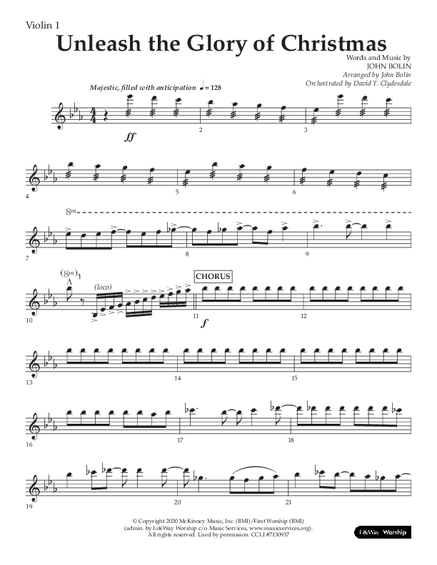 Unleash The Glory Of Christmas (Choral Anthem SATB) Violin 1 (Lifeway Choral / Arr. John Bolin)
