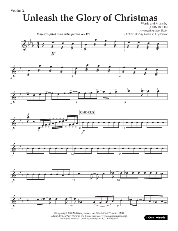 Unleash The Glory Of Christmas (Choral Anthem SATB) Violin 2 (Lifeway Choral / Arr. John Bolin)