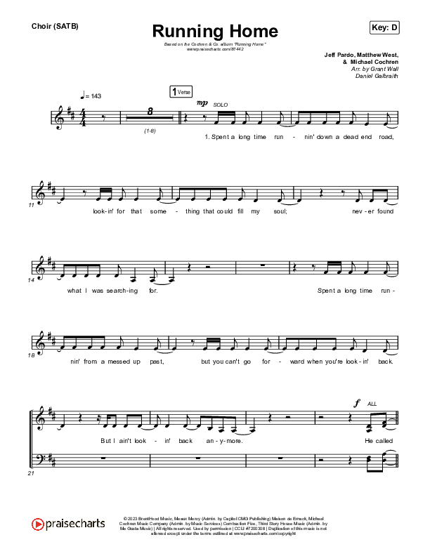 Running Home Choir Sheet (SATB) (Cochren & Co)