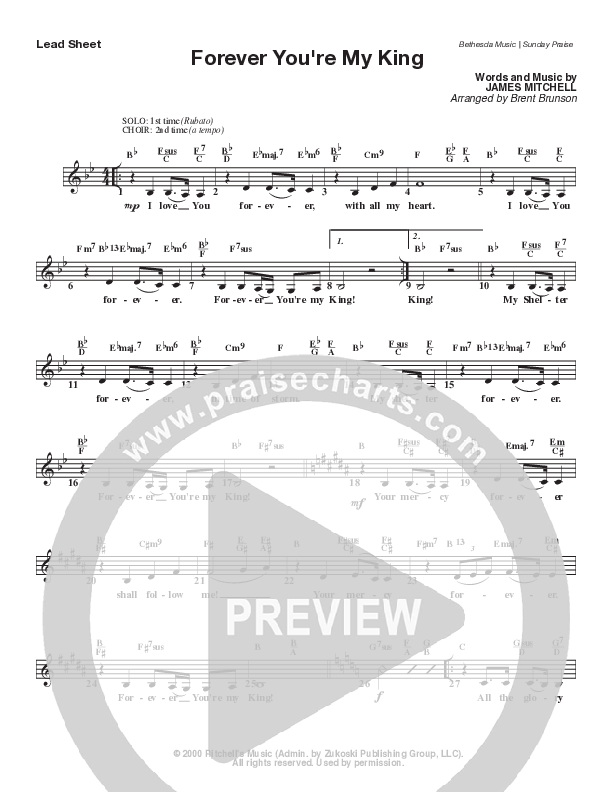 Forever You're My King (Live) Lead Sheet Melody (Bethesda Music / Arr. Brent Brunson)