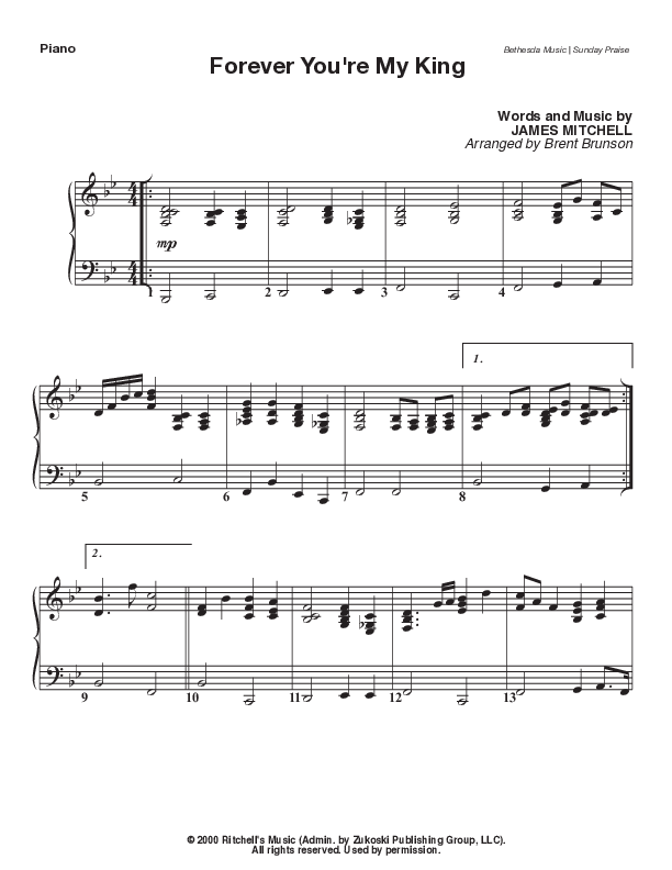 Forever You're My King (Live) Piano Sheet (Bethesda Music / Arr. Brent Brunson)