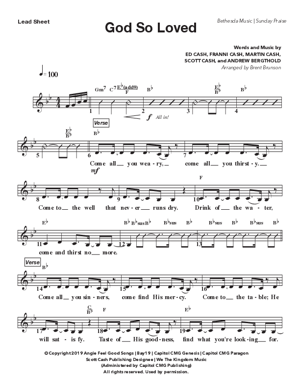 God So Loved (Live) Lead Sheet Melody (Bethesda Music / Arr. Brent Brunson)