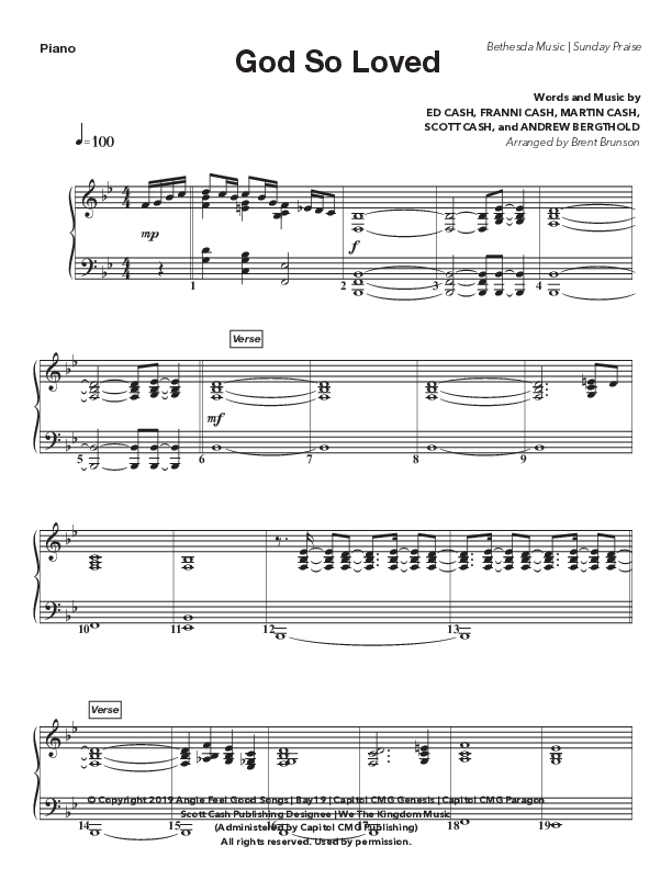 God So Loved (Live) Piano Sheet (Bethesda Music / Arr. Brent Brunson)