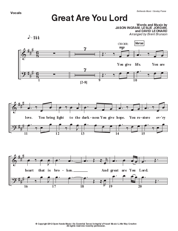 Great Are You Lord (Live) Choir Sheet (SATB) (Bethesda Music / Arr. Brent Brunson)