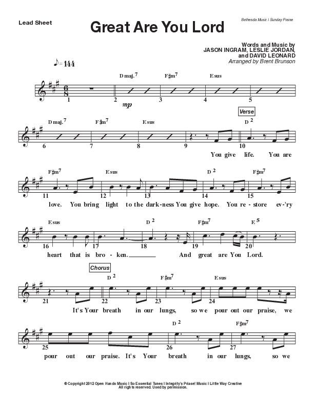 Great Are You Lord (Live) Lead Sheet Melody (Bethesda Music / Arr. Brent Brunson)