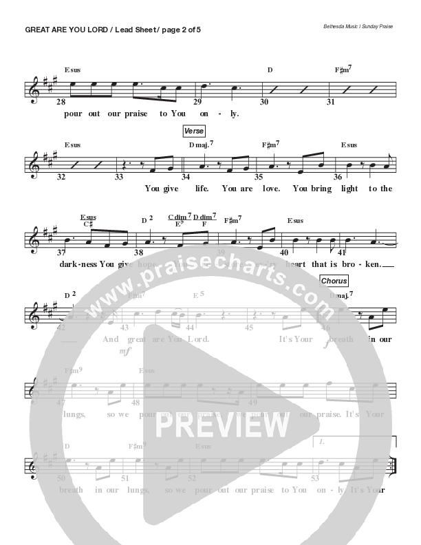 Great Are You Lord (Live) Lead Sheet Melody (Bethesda Music / Arr. Brent Brunson)