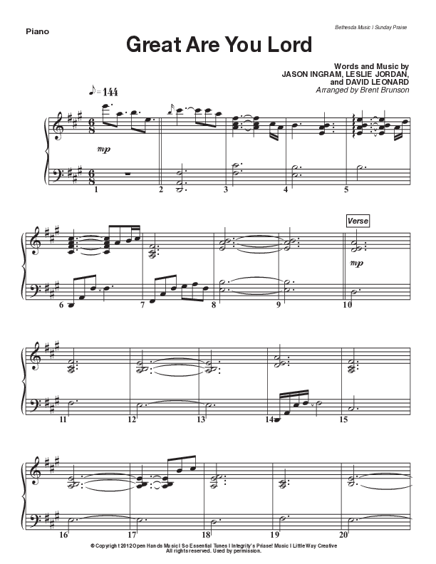 Great Are You Lord (Live) Piano Sheet (Bethesda Music / Arr. Brent Brunson)