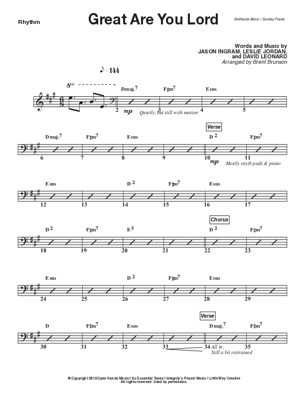 Great Are You Lord (Live) Rhythm Chart (Bethesda Music / Arr. Brent Brunson)