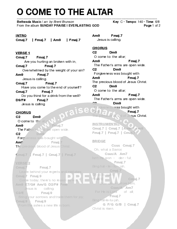 O Come To The Altar (Live) Chord Chart (Bethesda Music / Arr. Brent Brunson)
