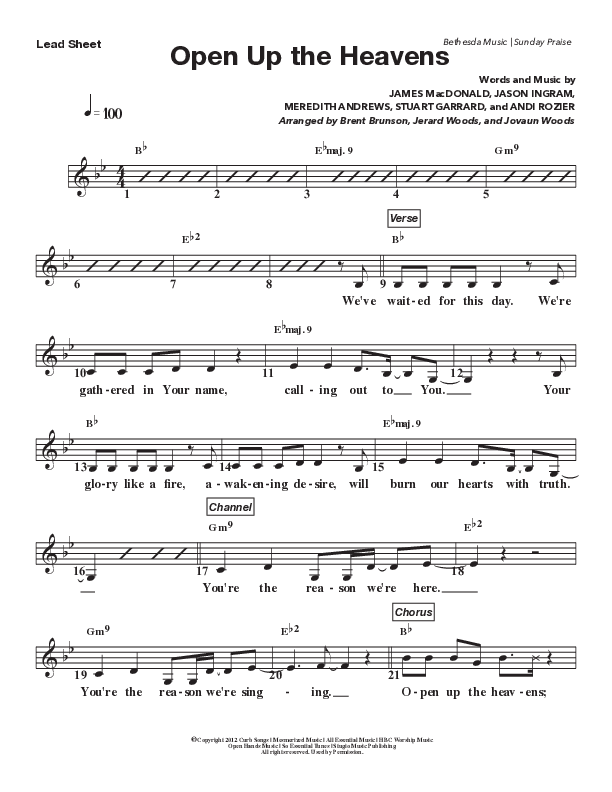 Open Up The Heavens (Live) Lead Sheet Melody (Bethesda Music / Arr. Brent Brunson)